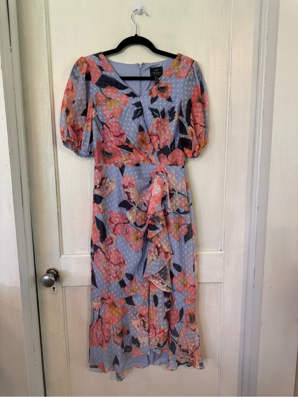 Adrianna Papell Powder Blue Midi Dress With Pink Floral Print
